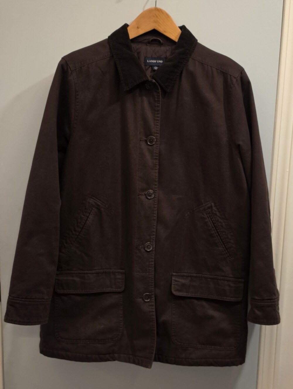 Lands' End Womens Barn Chore Jacket L 14-16 Brown Corduroy Collar Canvas Coat